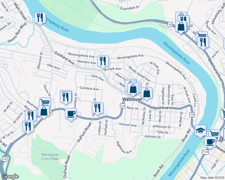 map of restaurants, bars, coffee shops, grocery stores, and more near 417 Holland Avenue in Morgantown