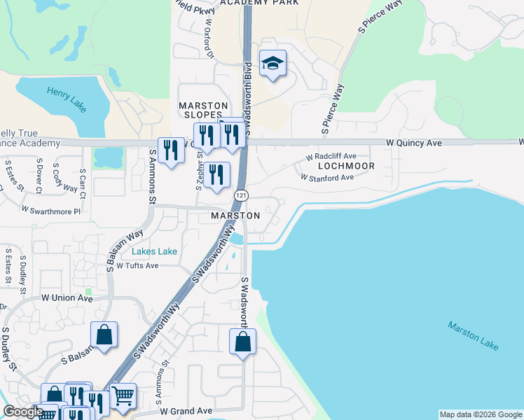 map of restaurants, bars, coffee shops, grocery stores, and more near 4490 South Wadsworth Boulevard in Denver