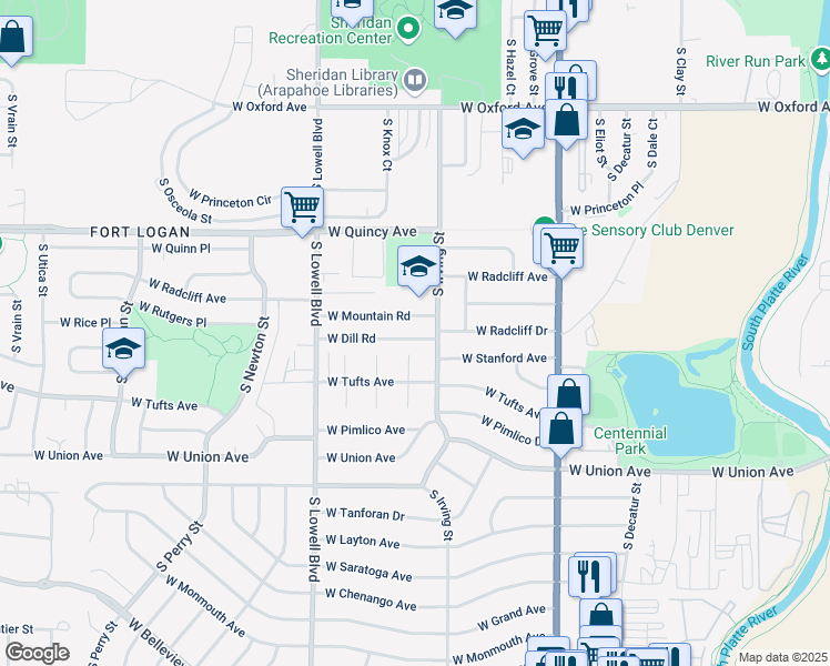 map of restaurants, bars, coffee shops, grocery stores, and more near 3350 West Mountain Road in Englewood