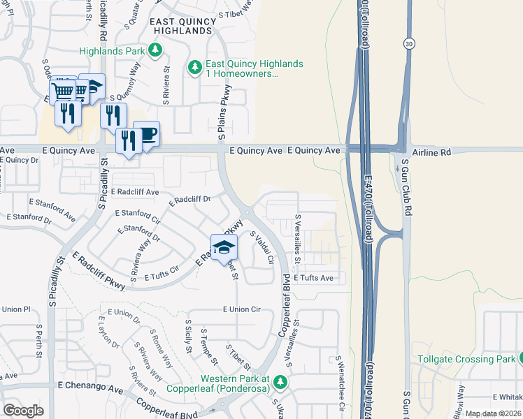 map of restaurants, bars, coffee shops, grocery stores, and more near Copperleaf Boulevard in Aurora