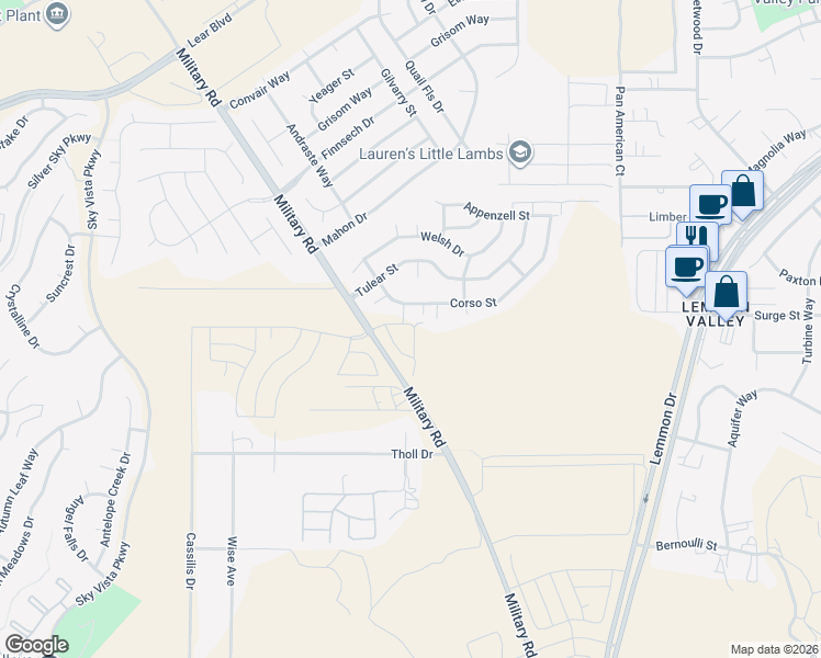 map of restaurants, bars, coffee shops, grocery stores, and more near 8675 Villano Court in Reno