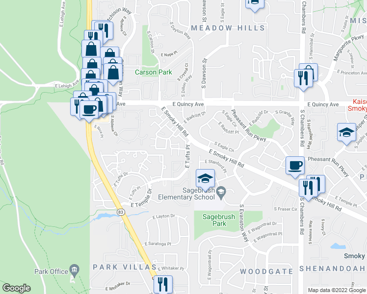 map of restaurants, bars, coffee shops, grocery stores, and more near 14223 East Radcliff Circle in Aurora
