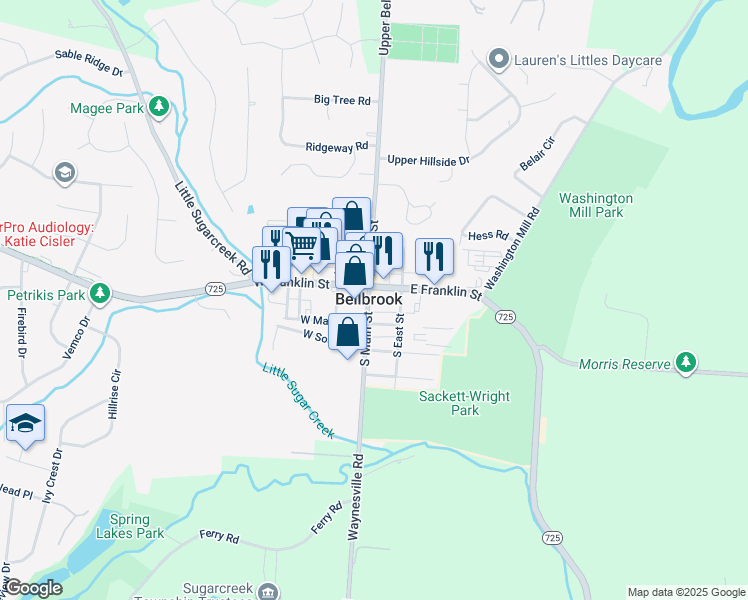 map of restaurants, bars, coffee shops, grocery stores, and more near 15 South Main Street in Bellbrook