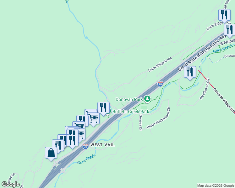 map of restaurants, bars, coffee shops, grocery stores, and more near 1874-1878 Lions Ridge Loop in Vail