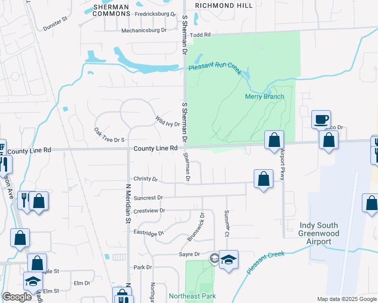 map of restaurants, bars, coffee shops, grocery stores, and more near 1269 Sherman Drive in Greenwood