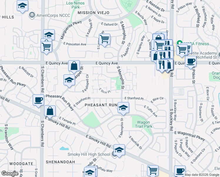 map of restaurants, bars, coffee shops, grocery stores, and more near 16129 East Rice Place in Aurora
