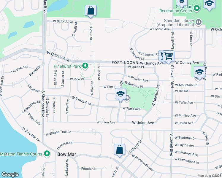 map of restaurants, bars, coffee shops, grocery stores, and more near 4301 West Rice Place in Denver