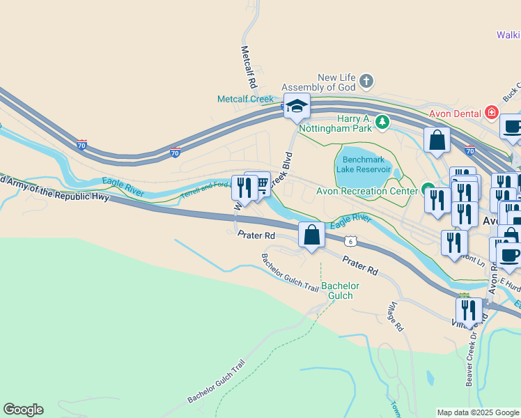 map of restaurants, bars, coffee shops, grocery stores, and more near 1050 West Beaver Creek Boulevard in Avon