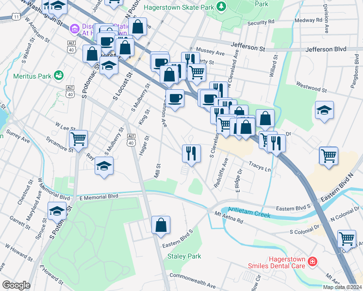 map of restaurants, bars, coffee shops, grocery stores, and more near 370 South Cannon Avenue in Hagerstown
