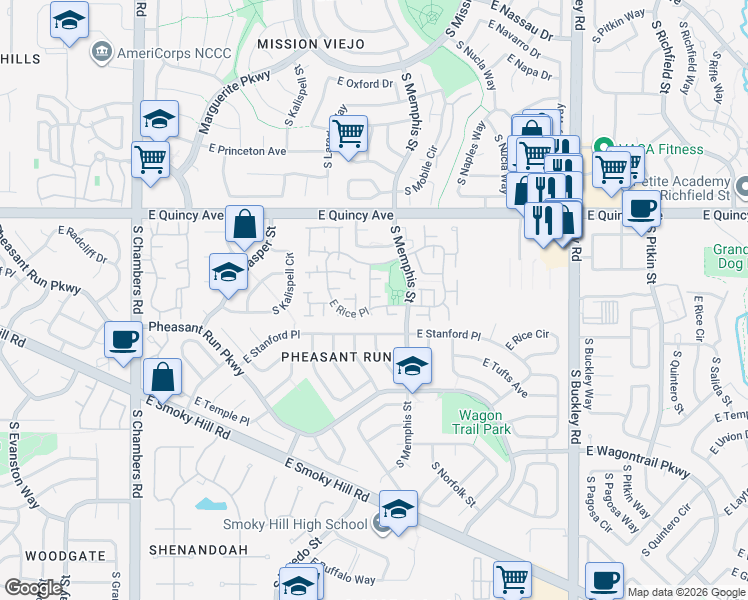 map of restaurants, bars, coffee shops, grocery stores, and more near 16129 East Rice Place in Aurora