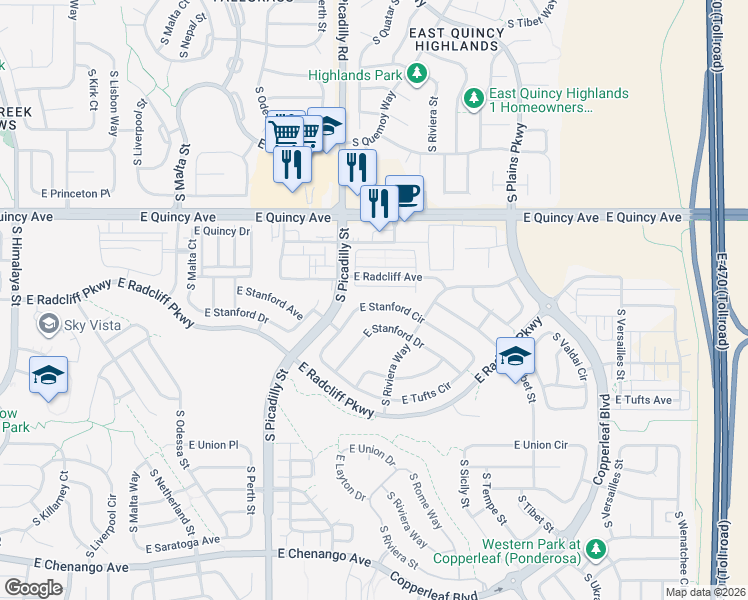 map of restaurants, bars, coffee shops, grocery stores, and more near 21764 East Radcliff Circle in Aurora