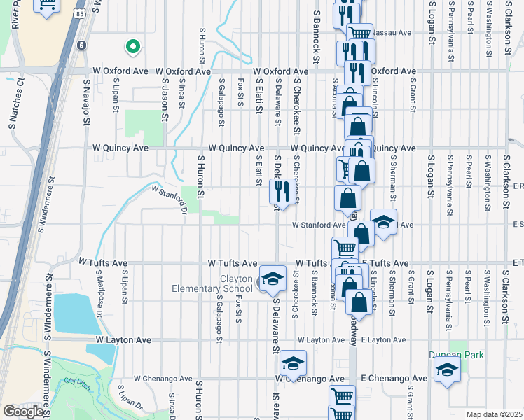 map of restaurants, bars, coffee shops, grocery stores, and more near 4435 South Elati Street in Englewood