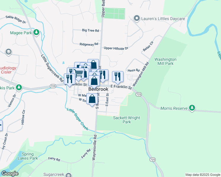 map of restaurants, bars, coffee shops, grocery stores, and more near 47 East Franklin Street in Bellbrook