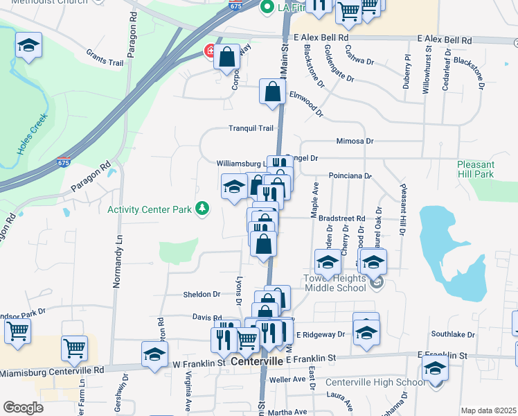 map of restaurants, bars, coffee shops, grocery stores, and more near 261 North Main Street in Centerville