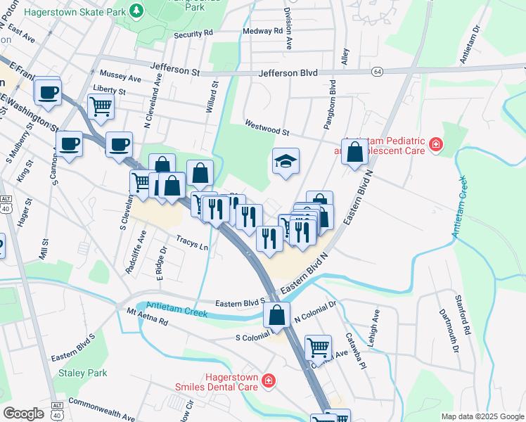 map of restaurants, bars, coffee shops, grocery stores, and more near 69 Manor Drive in Hagerstown