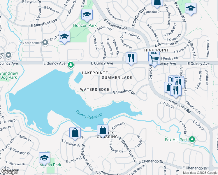 map of restaurants, bars, coffee shops, grocery stores, and more near 4434 South Bahama Way in Aurora
