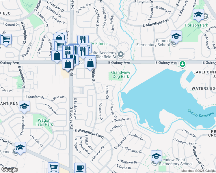 map of restaurants, bars, coffee shops, grocery stores, and more near 17407 East Rice Circle in Aurora
