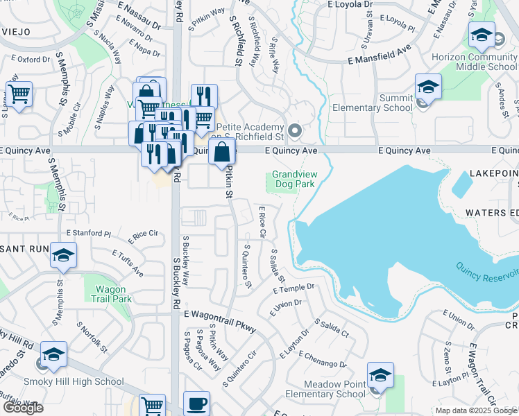 map of restaurants, bars, coffee shops, grocery stores, and more near 17375 East Rice Circle in Aurora