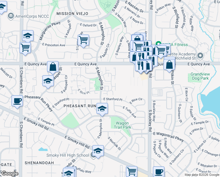 map of restaurants, bars, coffee shops, grocery stores, and more near 16353 East Rice Place in Aurora
