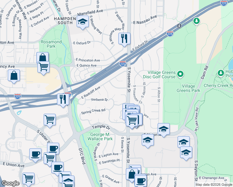 map of restaurants, bars, coffee shops, grocery stores, and more near 4431 South Xeric Way in Denver