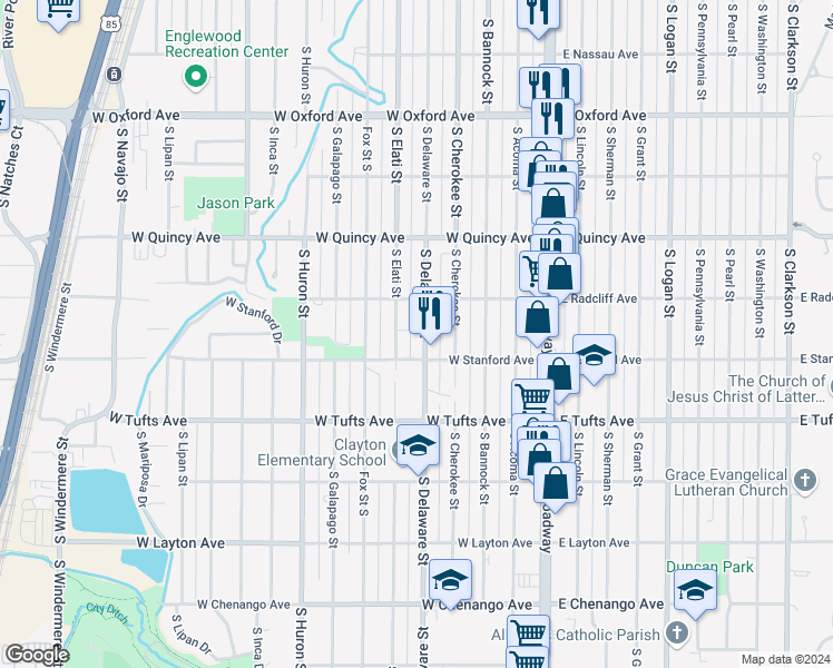 map of restaurants, bars, coffee shops, grocery stores, and more near 4450 South Delaware Street in Englewood