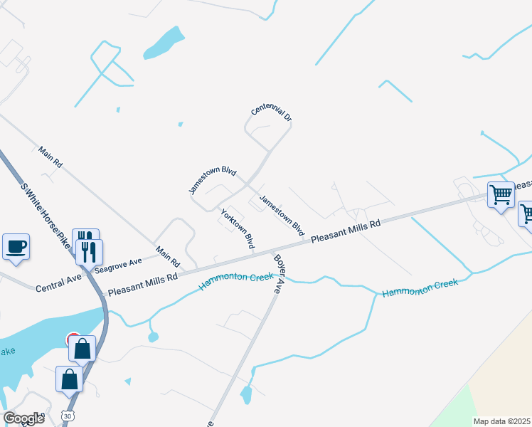 map of restaurants, bars, coffee shops, grocery stores, and more near 82 Jamestown Boulevard in Hammonton