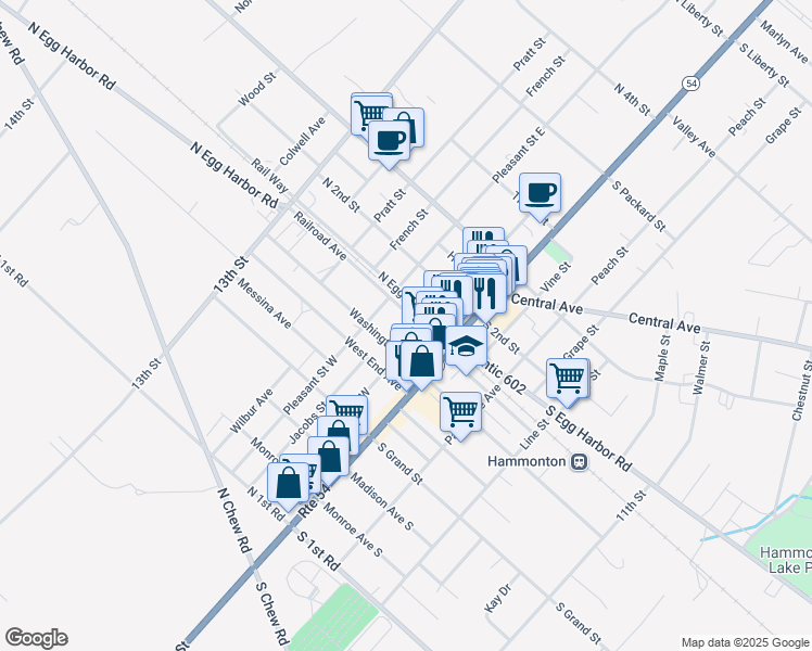 map of restaurants, bars, coffee shops, grocery stores, and more near 122 Railroad Avenue in Hammonton