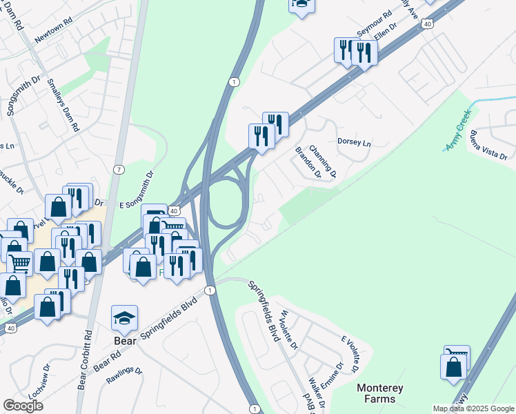 map of restaurants, bars, coffee shops, grocery stores, and more near 270 Brandywine Drive in Bear