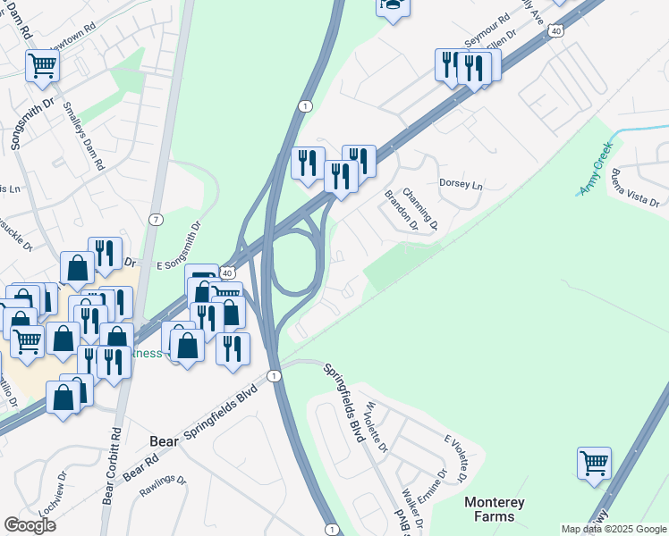 map of restaurants, bars, coffee shops, grocery stores, and more near 270 Brandywine Drive in Bear