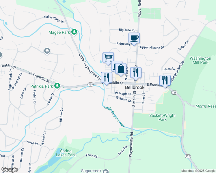 map of restaurants, bars, coffee shops, grocery stores, and more near 129 West Franklin Street in Bellbrook