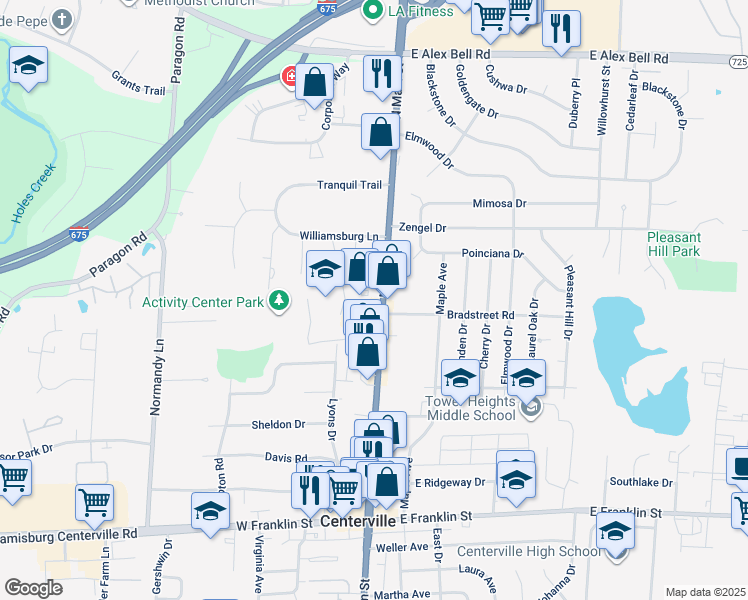 map of restaurants, bars, coffee shops, grocery stores, and more near 269 North Main Street in Centerville