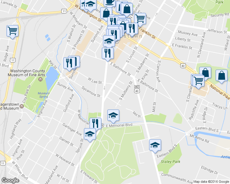 map of restaurants, bars, coffee shops, grocery stores, and more near 116 Elm Street in Hagerstown