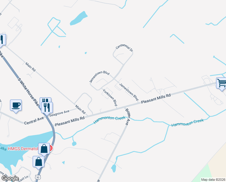 map of restaurants, bars, coffee shops, grocery stores, and more near 147 Yorktown Boulevard in Hammonton