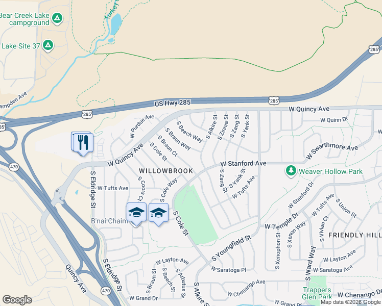 map of restaurants, bars, coffee shops, grocery stores, and more near 4464 South Braun Way in Morrison