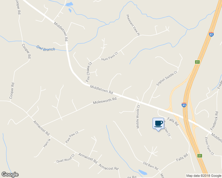 map of restaurants, bars, coffee shops, grocery stores, and more near 18701 Middletown Road in Parkton