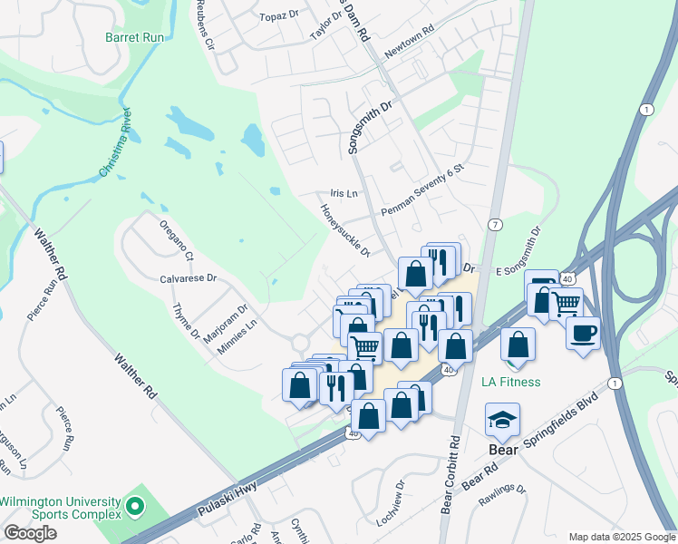 map of restaurants, bars, coffee shops, grocery stores, and more near 6 Peterson Place in Bear