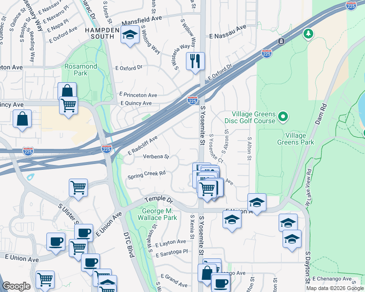 map of restaurants, bars, coffee shops, grocery stores, and more near 4505 South Yosemite Street in Denver