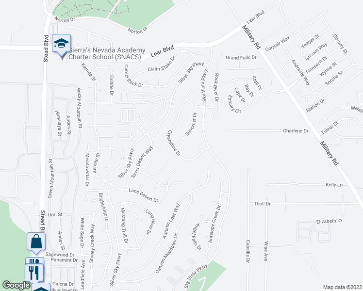 map of restaurants, bars, coffee shops, grocery stores, and more near 9806 Suncrest Drive in Reno