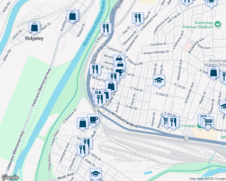 map of restaurants, bars, coffee shops, grocery stores, and more near 231 Virginia Avenue in Cumberland