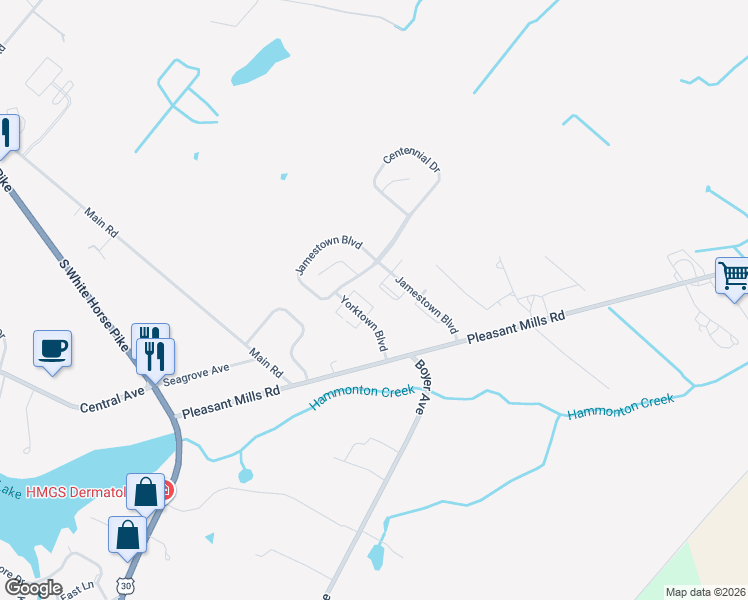 map of restaurants, bars, coffee shops, grocery stores, and more near 147 Yorktown Boulevard in Hammonton