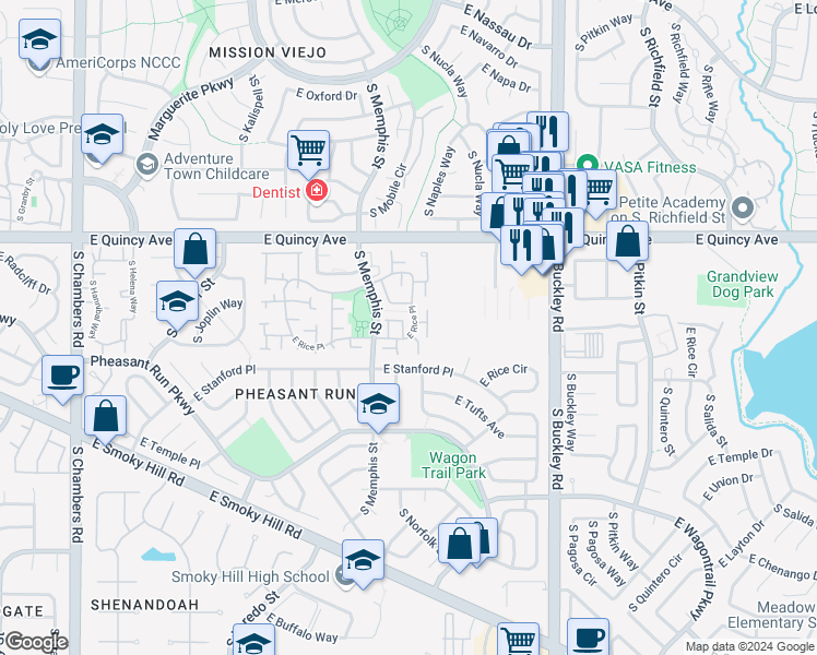 map of restaurants, bars, coffee shops, grocery stores, and more near 16365 East Rice Place in Aurora