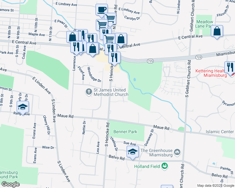 map of restaurants, bars, coffee shops, grocery stores, and more near 3468 Commons Drive in Miamisburg