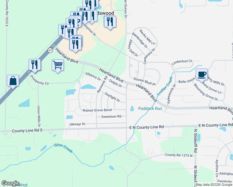 map of restaurants, bars, coffee shops, grocery stores, and more near 10921 Clear Spring Drive in Hendricks County