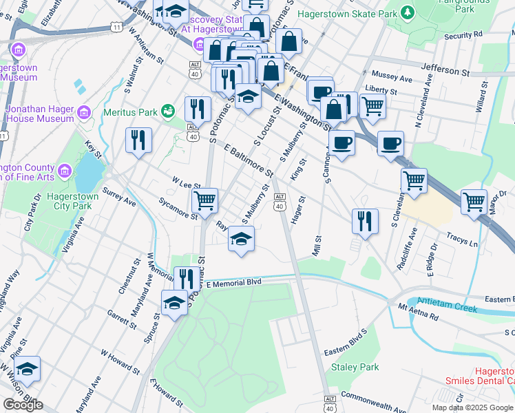 map of restaurants, bars, coffee shops, grocery stores, and more near 256 South Mulberry Street in Hagerstown