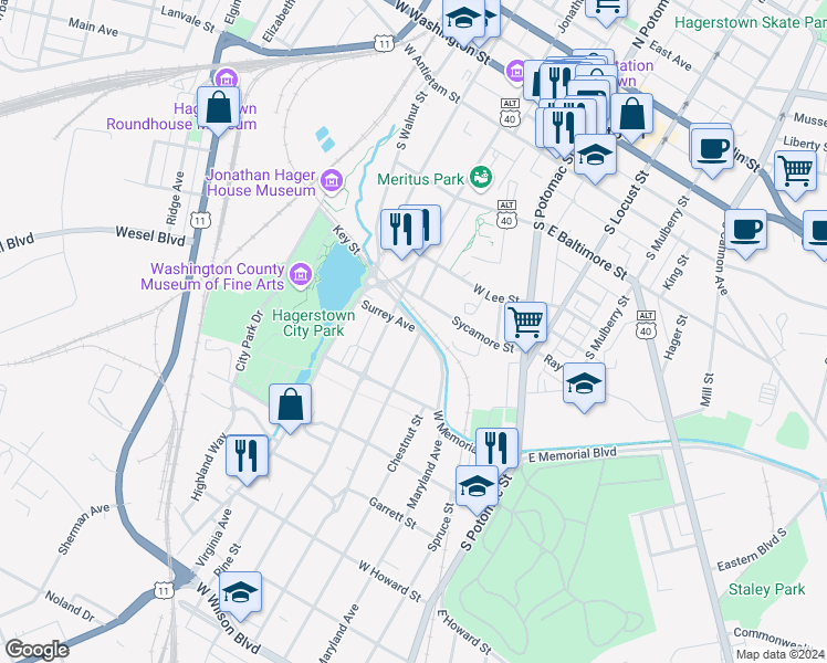 map of restaurants, bars, coffee shops, grocery stores, and more near 401 Guilford Avenue in Hagerstown