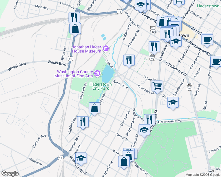 map of restaurants, bars, coffee shops, grocery stores, and more near 424 Virginia Avenue in Hagerstown
