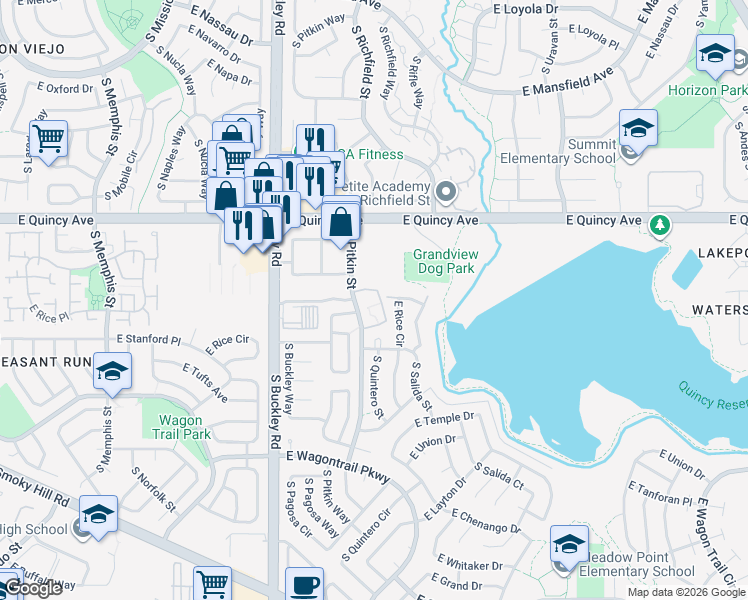 map of restaurants, bars, coffee shops, grocery stores, and more near 17375 East Rice Circle in Aurora
