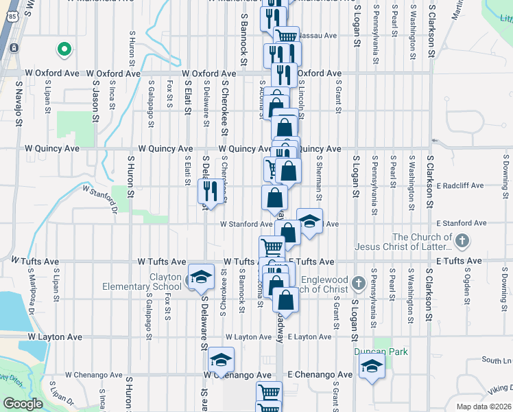map of restaurants, bars, coffee shops, grocery stores, and more near 4443 South Acoma Street in Englewood
