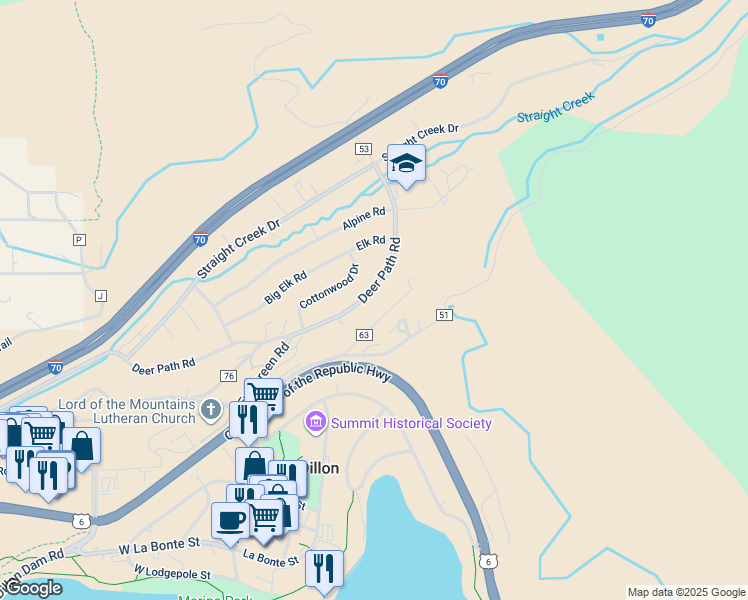 map of restaurants, bars, coffee shops, grocery stores, and more near 318 Deer Path Road in Dillon