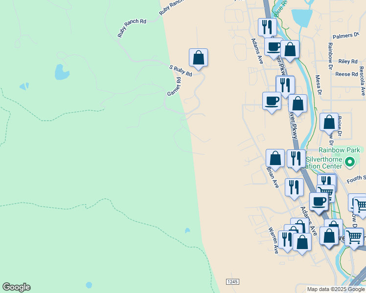 map of restaurants, bars, coffee shops, grocery stores, and more near 1672 South Ruby Road in Silverthorne
